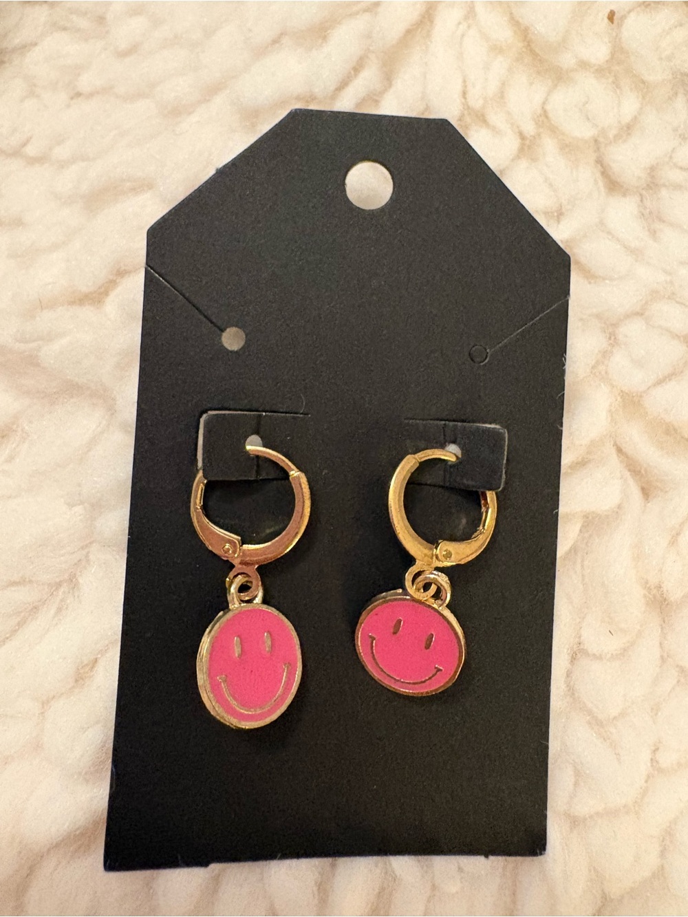 Gold Plated Pink Smiley Face Huggie Hoop Earrings | Y2K Enamel Dangle